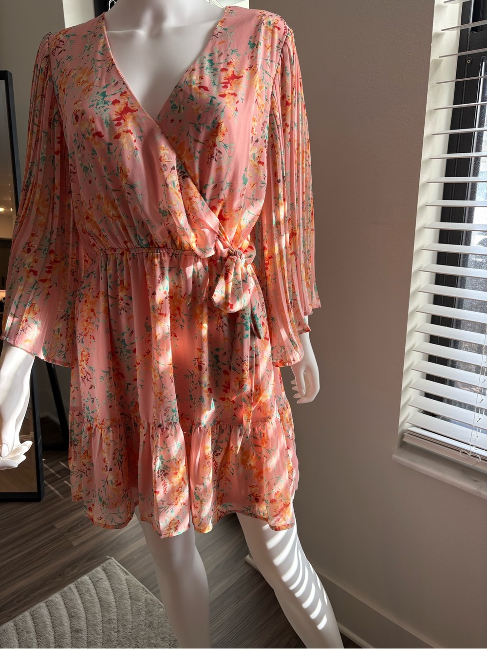 Entro Floral Wrap Style Tiered Mini Dress Pink Size L NWT